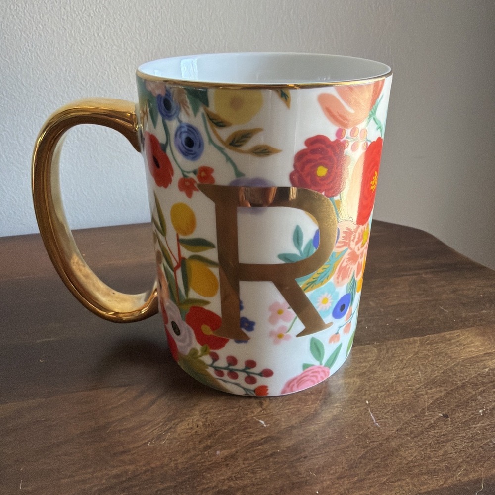 Anthropolgie Rifle Paper, Garden Party Monogram "R" Coffee Tea Mug 14 oz